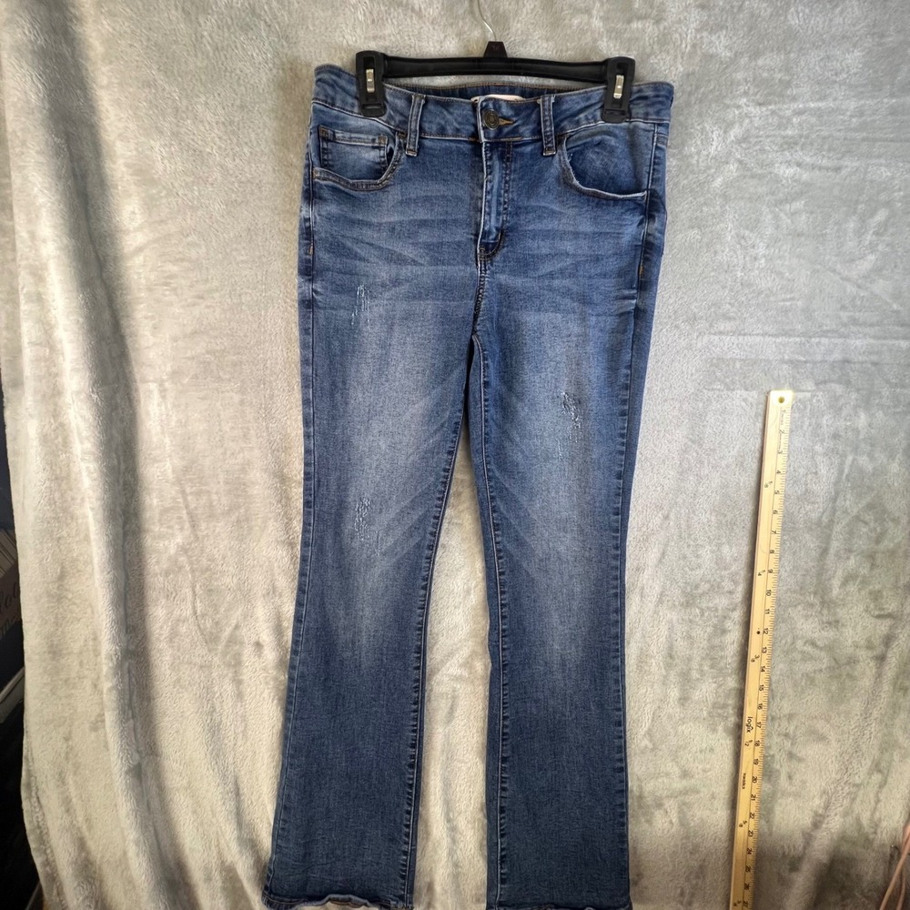 So Medium 13/31 Wash Distressed Bootcut Jeans Frayed Hem Y2K Indie Boho Low Rise
